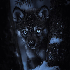 wildlife photography of a wolfdog puppy hiding behind a tree