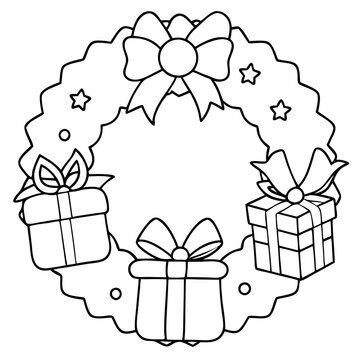 recommend clip art: Christmas Cheer in Black and White: A festive outline of a Christmas wreath adorned with presents and bows, perfect for holiday crafts and designs. 