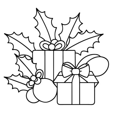 recommend clip art: Holiday Cheer in Black and White: Festive line art of Christmas presents adorned with bows and holly, capturing the spirit of giving and celebration in a minimalist style. 