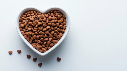 Dog food in heart shaped bowl on white background. Top view.