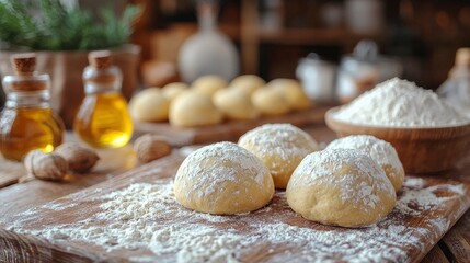 Fototapeta premium Dough Balls Ready for Baking on a Wooden Table