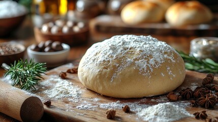 Fototapeta premium Freshly Dough with Flour, Rolling Pin and Spices