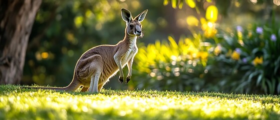Kangaroo in sunlit field with bright green backdrop