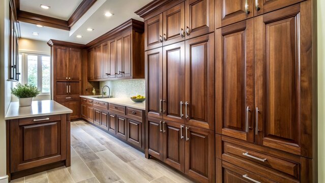 The rich, walnut-stained cabinet doors stood out against the crisp, white walls in the kitchen, adding a touch