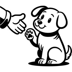 Obraz premium Friendly volunteer lends a helping hand to a homeless puppy in monochrome. Simple minimalistic vector in black ink drawing on transparent background