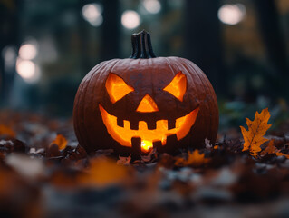 lowing Jack-o'-Lantern in a Forest - Halloween Pumpkin Carving