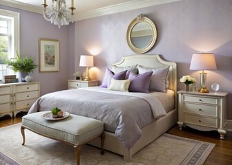 The serene bedroom features plush bedding and a gentle palette, with an antique mirror reflecting soft hues and