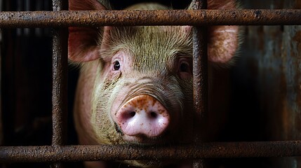 Pig behind rusty bars looking through cage in dim lighting