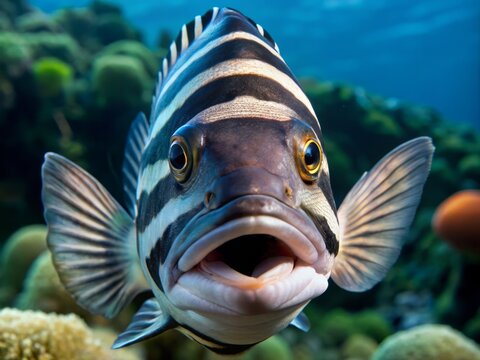 The sheepshead fish's striped body and formidable teeth loom large in this close-up, its black and white markings
