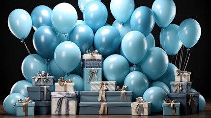 Blue birthday gifts and balloons for a birthday flyer