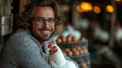 Happy Farmer Holding a Chicken at a Rustic Farm with Baskets of Fresh Eggs, Smiling and Surrounded by Warm Farmhouse Lighting