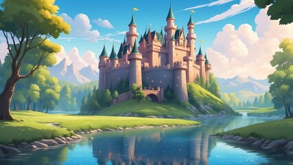 Obraz premium Castle with a Sparkling River Cartoon Background Design