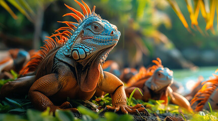 Fototapeta premium A majestic iguana basks in the sunlight, its vibrant orange and blue scales glowing, blending into the lush tropical paradise surrounding it.