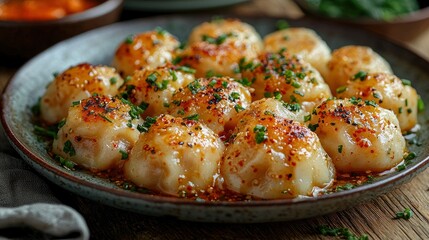 Fototapeta premium Delicious Dumplings with Sesame Seeds and Chives