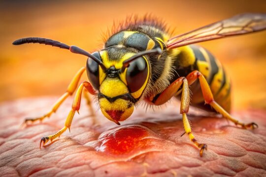 The yellow jacket's stinger protrudes, injecting venom into tender skin, as pink and red inflammation spreads, a