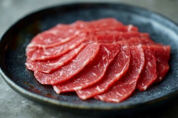 Slices of fresh raw meat on a black ceramic plate
