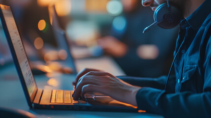 Technical support customer service concept, software engineer using laptop computer with customer support and global network, internet technology, it support, digital system service