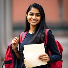 smiling young indian girl with books and on white background