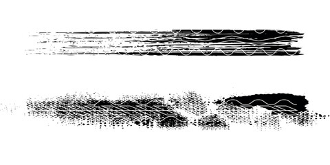 Tire tread marks, wheel textures, tire marks - car racing, motocross, drift, rally, off-road and others. Vector black isolated texture in grunge style with splashes