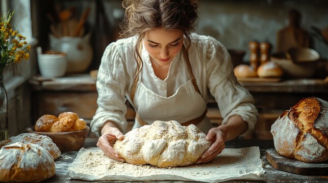 Woman Baker Admiring Freshly Baked Bread