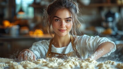Young woman baking in the kitchen, making homemade pasta