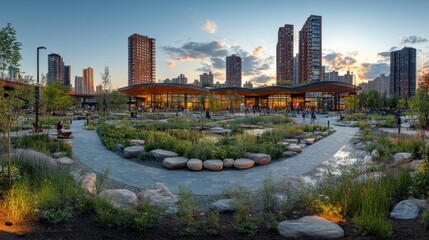 Urban Oasis: A Modern City Park at Sunset