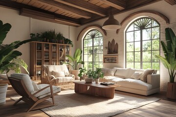 Fototapeta premium PhotoCozy farmhouse living room interior, 3d render
