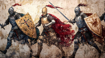 Christian knights and spiritual warfare, embodying faith as a shield, on a medieval tapestry background. Medieval Joust. Illustration