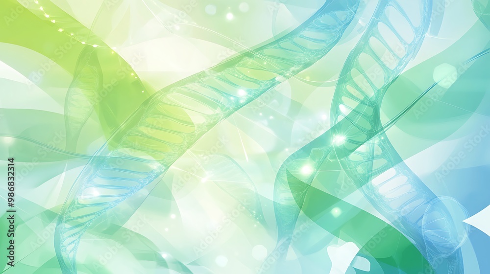 Poster abstract background with translucent green and blue dna strands with soft glowing lights.
