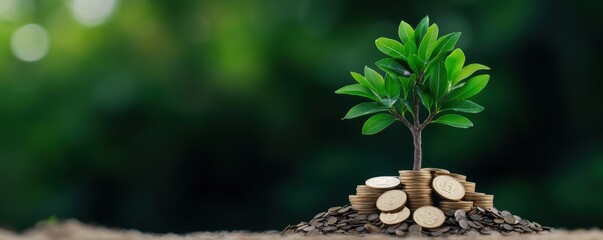 A small tree growing from a pile of coins, symbolizing growth and financial prosperity.