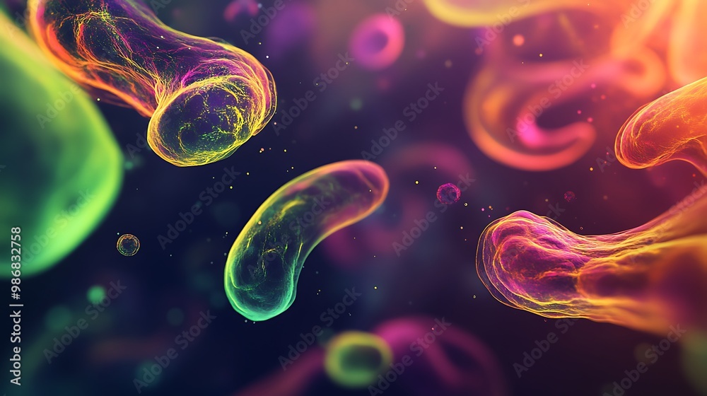 Poster abstract glowing shapes in vibrant colors, suggesting a microscopic view of cells or organisms.