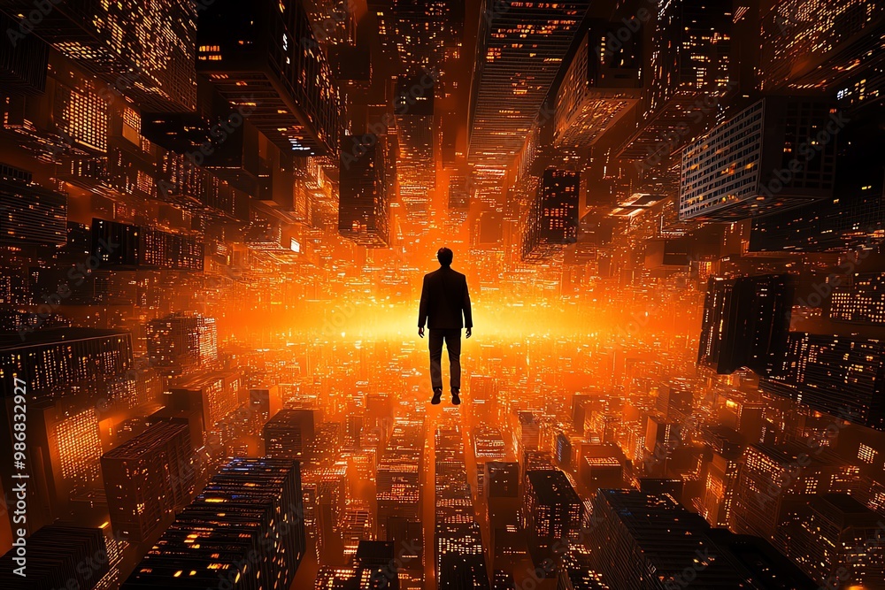 Poster morpheus floating above an orange-hued city of dreams, the light reflecting off every building in vi