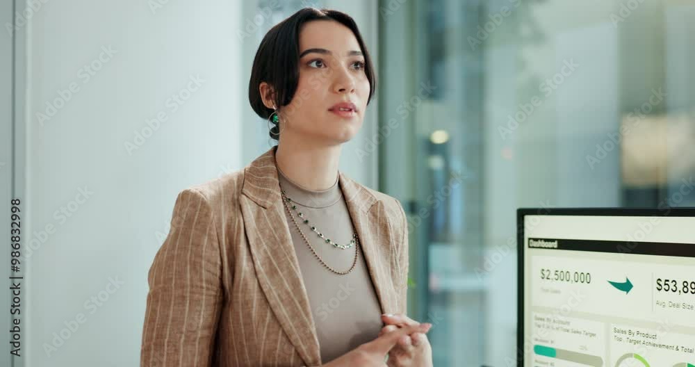 Poster computer screen, presentation and thinking with business woman in boardroom, getting ready for pitch