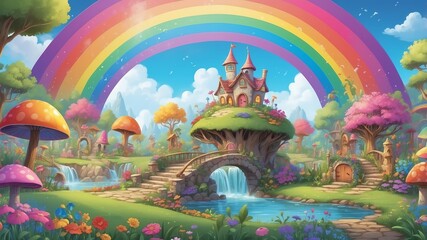 Fototapeta premium Colorful Rainbow Over the Fairy Garden Cartoon Background Design