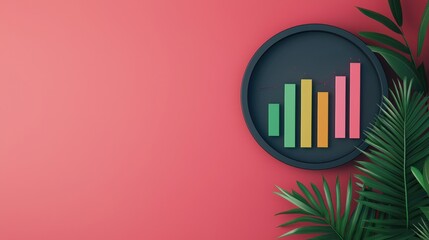 Obraz premium Colorful bar chart on a circular background with green leaves, vibrant pink background.