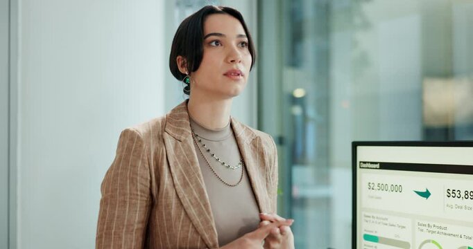 Computer screen, presentation and thinking with business woman in boardroom, getting ready for pitch. Dashboard, planning and prepare with financial employee at work to practice for client meeting