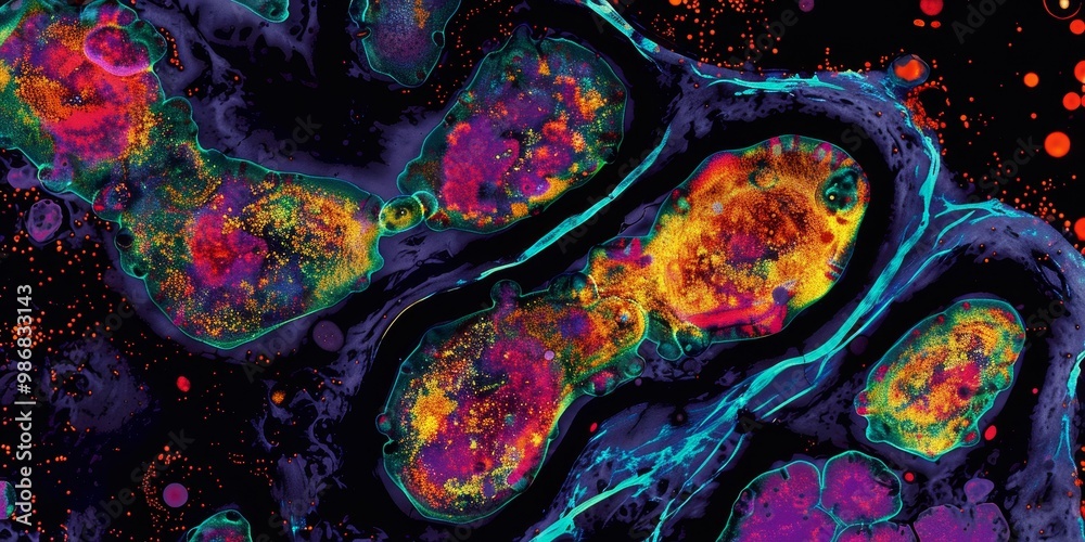 Poster vivid pet scan image with bright, colorful heatmaps highlighting different areas of activity, ideal 