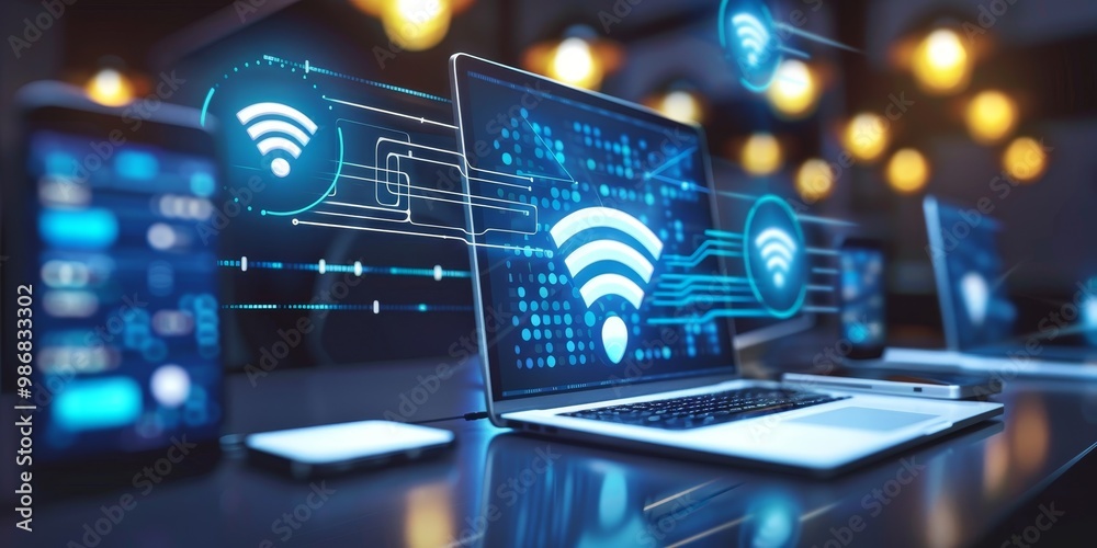 Aufkleber Concept of direct data sharing between devices without intermediaries, showing data transfer icons and arrows connecting computers and smartphones with minimal interference