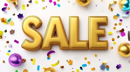 Bright, festive sale sign with golden letters surrounded by colorful confetti and decorations, perfect for promotional materials.