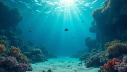 Obraz premium A deep blue ocean with a bright sun shining through the water