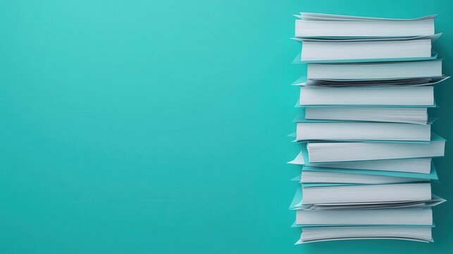 Stack of books against a turquoise background, ideal for educational themes and reading.