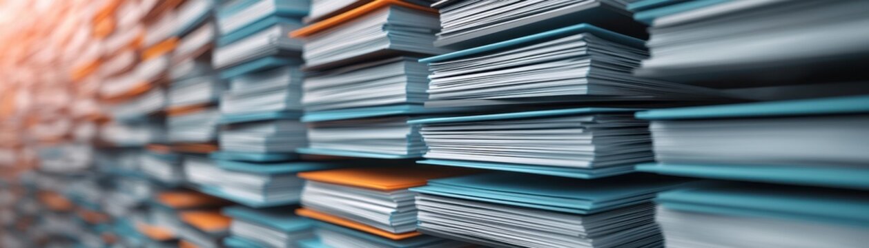 Stacks of documents and folders organized in an office setting, representing efficient workflow and productivity.