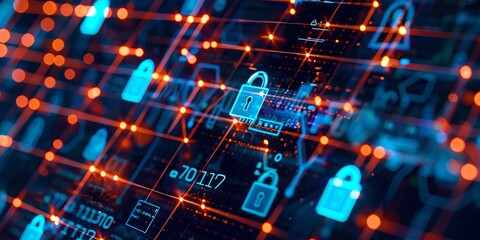 Abstract visual showing interconnected frameworks and regulations governing cybersecurity standards, with digital icons and grids representing data protection and compliance