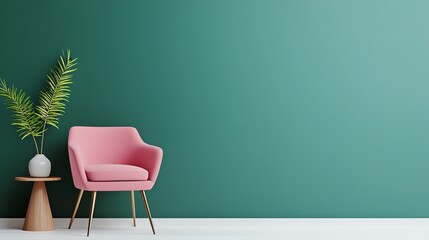 A modern living space featuring a pink chair and greenery against a vibrant teal wall, perfect for interior design inspiration.