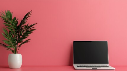 Obraz premium A modern workspace featuring a laptop and a potted plant against a vibrant pink wall, perfect for creative environments.