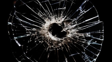 Broken glass, apparently pierced by a gunshot