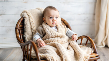 Baby sitting in a rocking chair with a soft knitted blanket, calm and cozy home setting