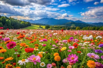 Fototapeta premium Vibrant wildflower meadow with mountain view