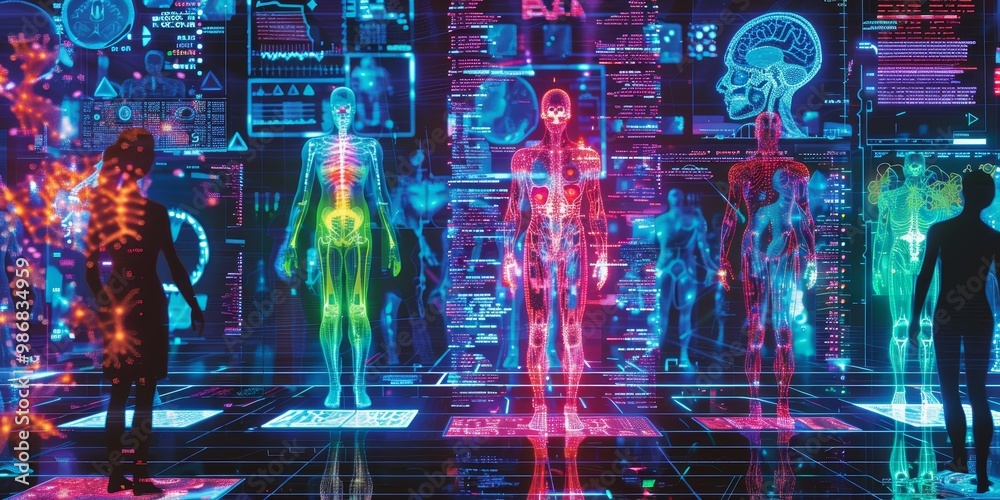 Poster Detailed and colorful PET scan image displaying varied activity levels in a human body, showcasing vibrant heatmaps for use in medical presentations and research
