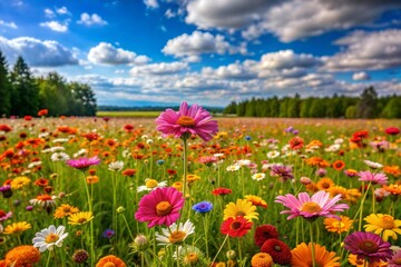 Wildflower meadow in full bloom under blue sky